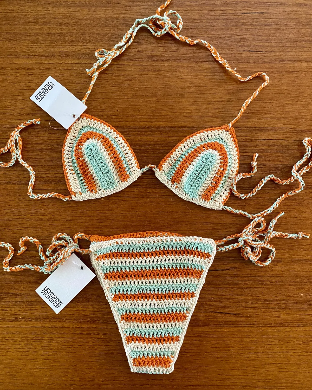 AQUA CORAL STRIPE CROCHET BIKINI SET - Green