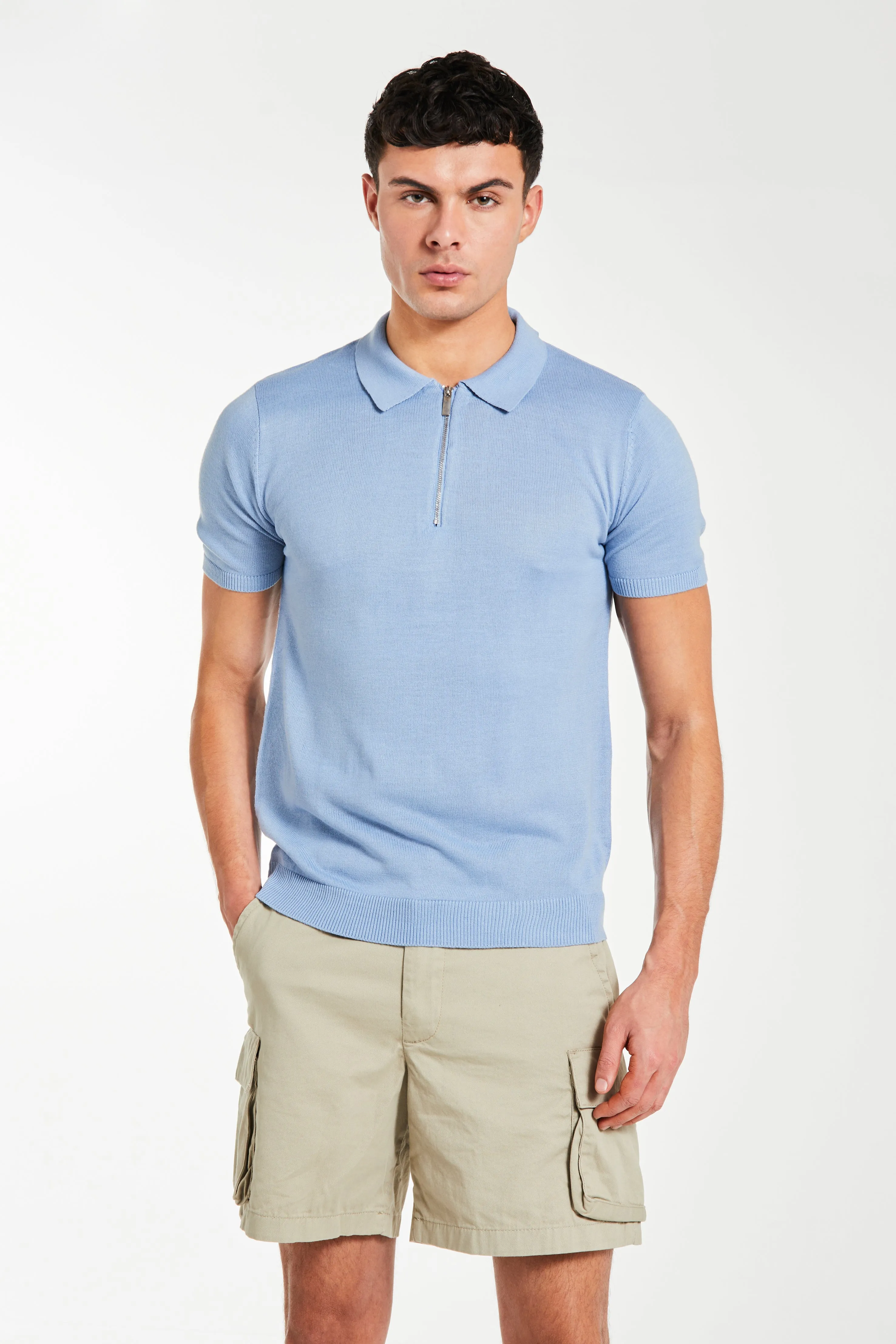 Harrison Knitted Zip Polo in Blue