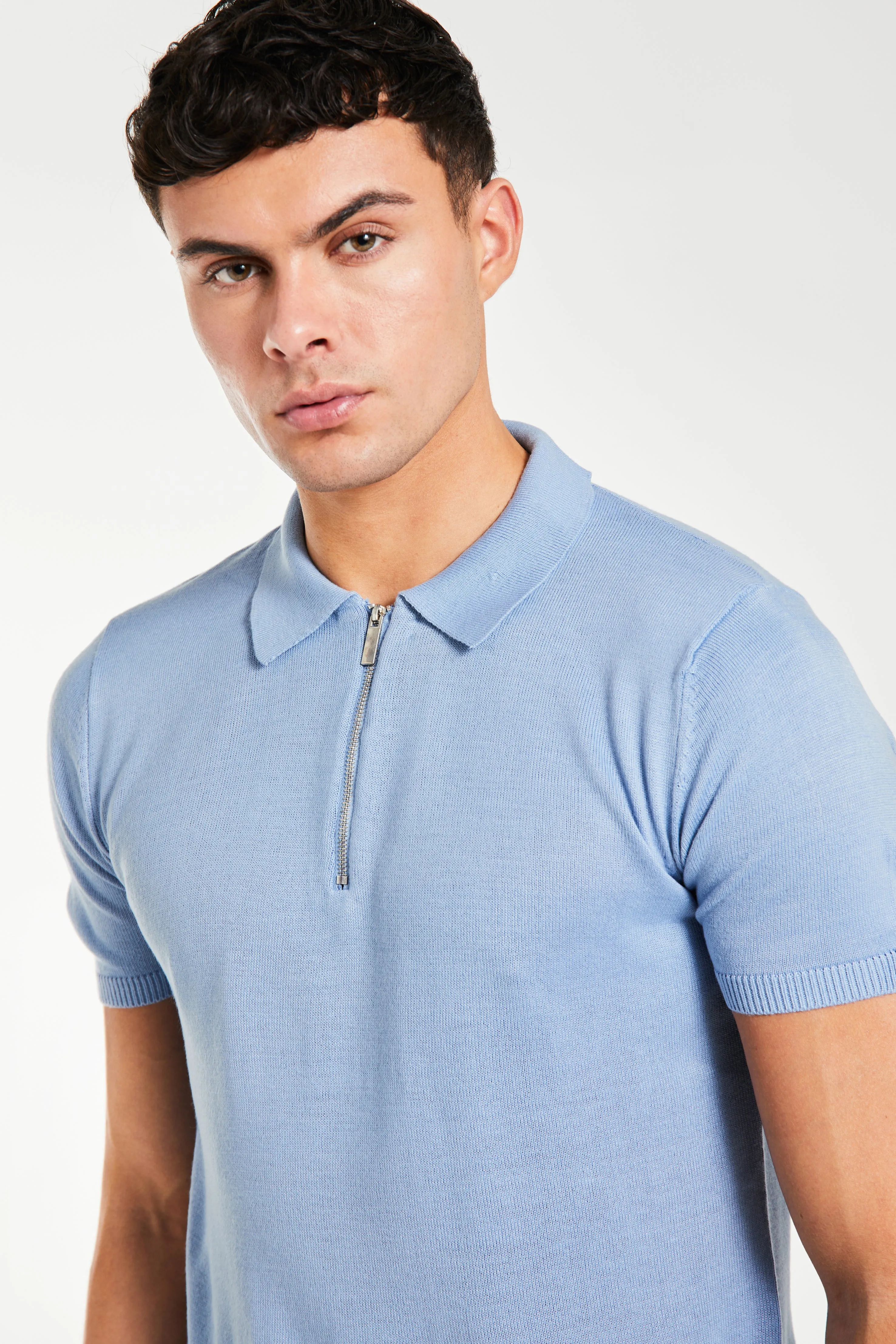 Harrison Knitted Zip Polo in Blue