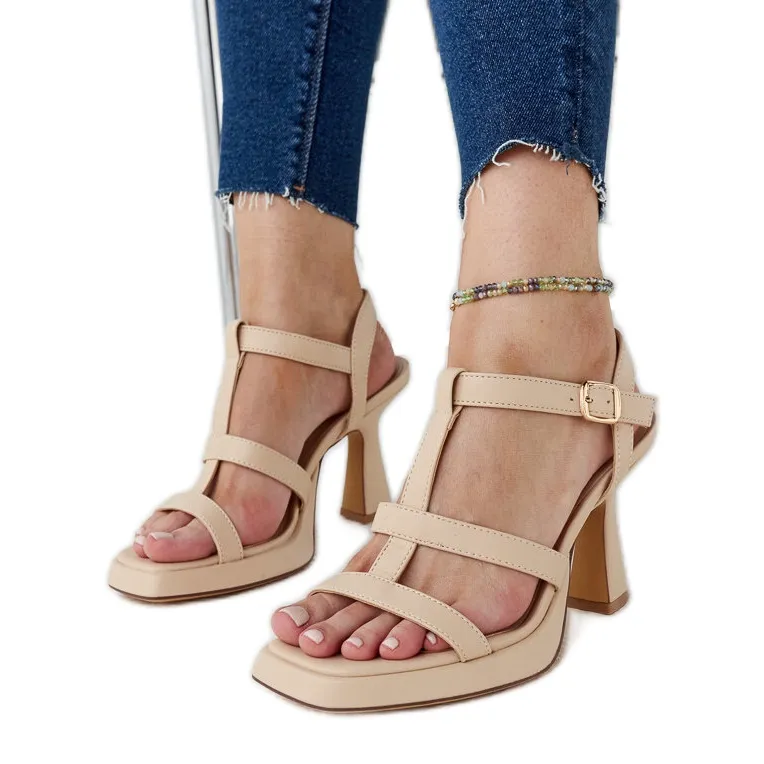 Light beige high-heeled sandals made of Pirjo eco-leather