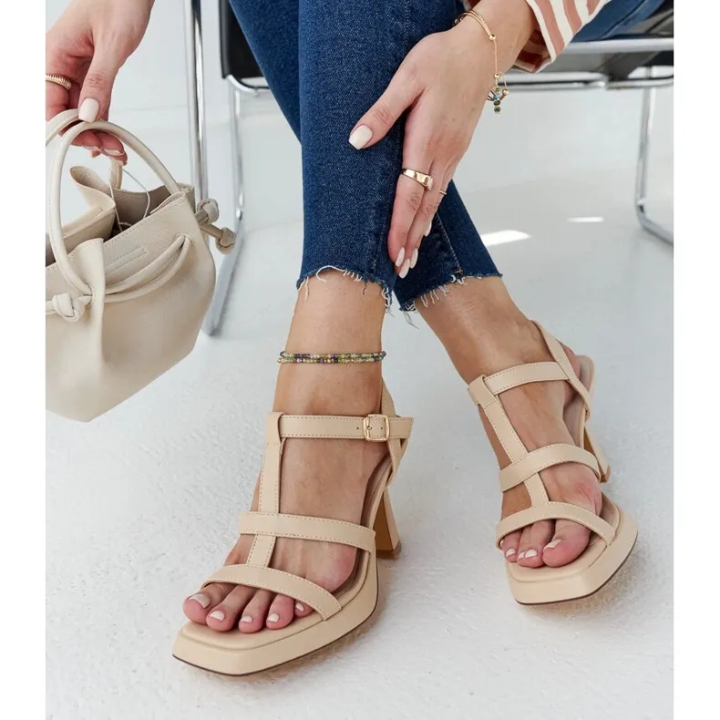 Light beige high-heeled sandals made of Pirjo eco-leather