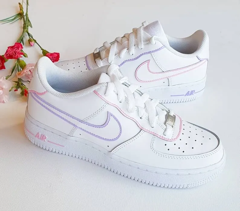 Lilac and pink: painted tick, mid-soles and details. Custom Nike Air Force 1