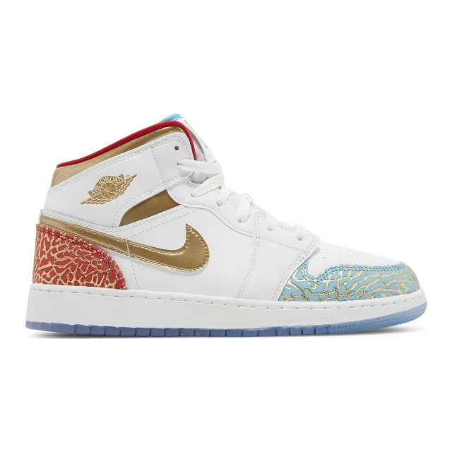 Nike air jordan 1 mid gs (nc to chi/ white/ metallic gold/ university red/ blue lightning/ wolf grey