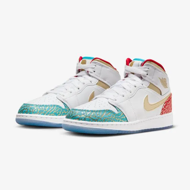 Nike air jordan 1 mid gs (nc to chi/ white/ metallic gold/ university red/ blue lightning/ wolf grey