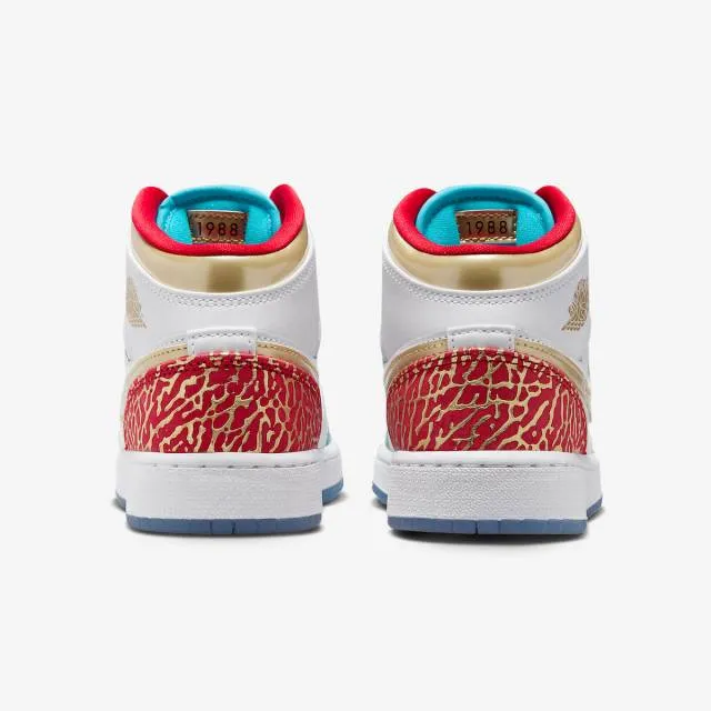 Nike air jordan 1 mid gs (nc to chi/ white/ metallic gold/ university red/ blue lightning/ wolf grey