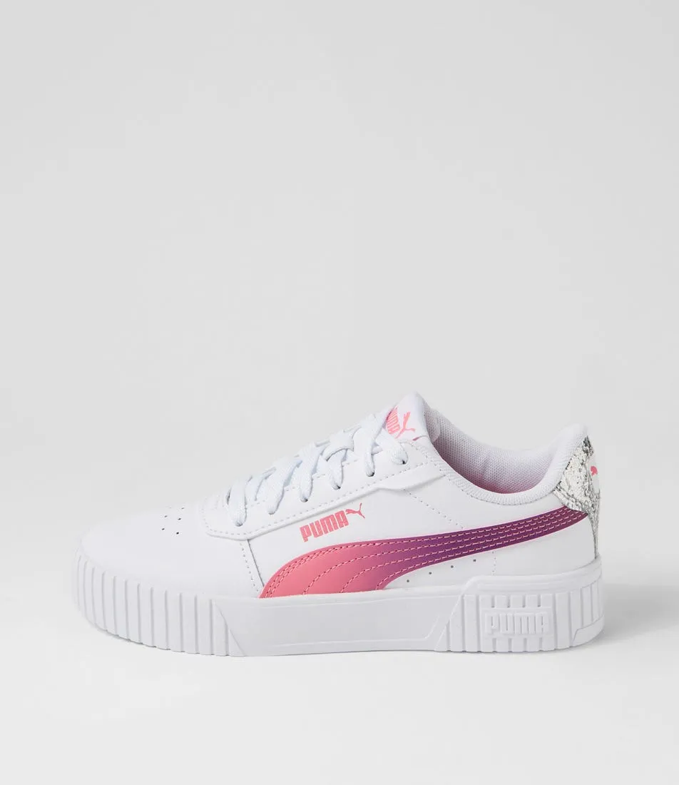 PUMA Carina 2 Sg Jnr White Strawberry Purple Pop Leather Sneakers