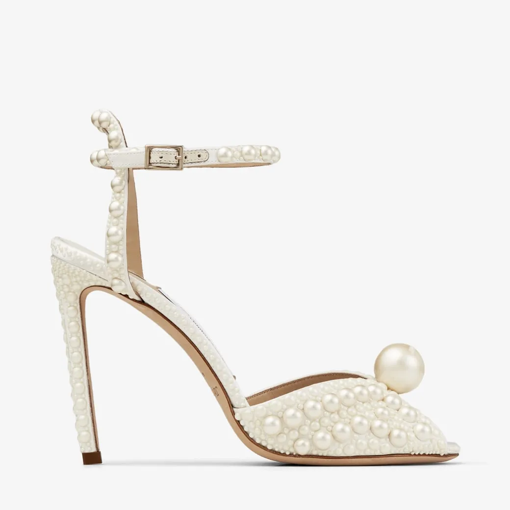 Sacora 100 White Satin Sandals with All Over Pearls