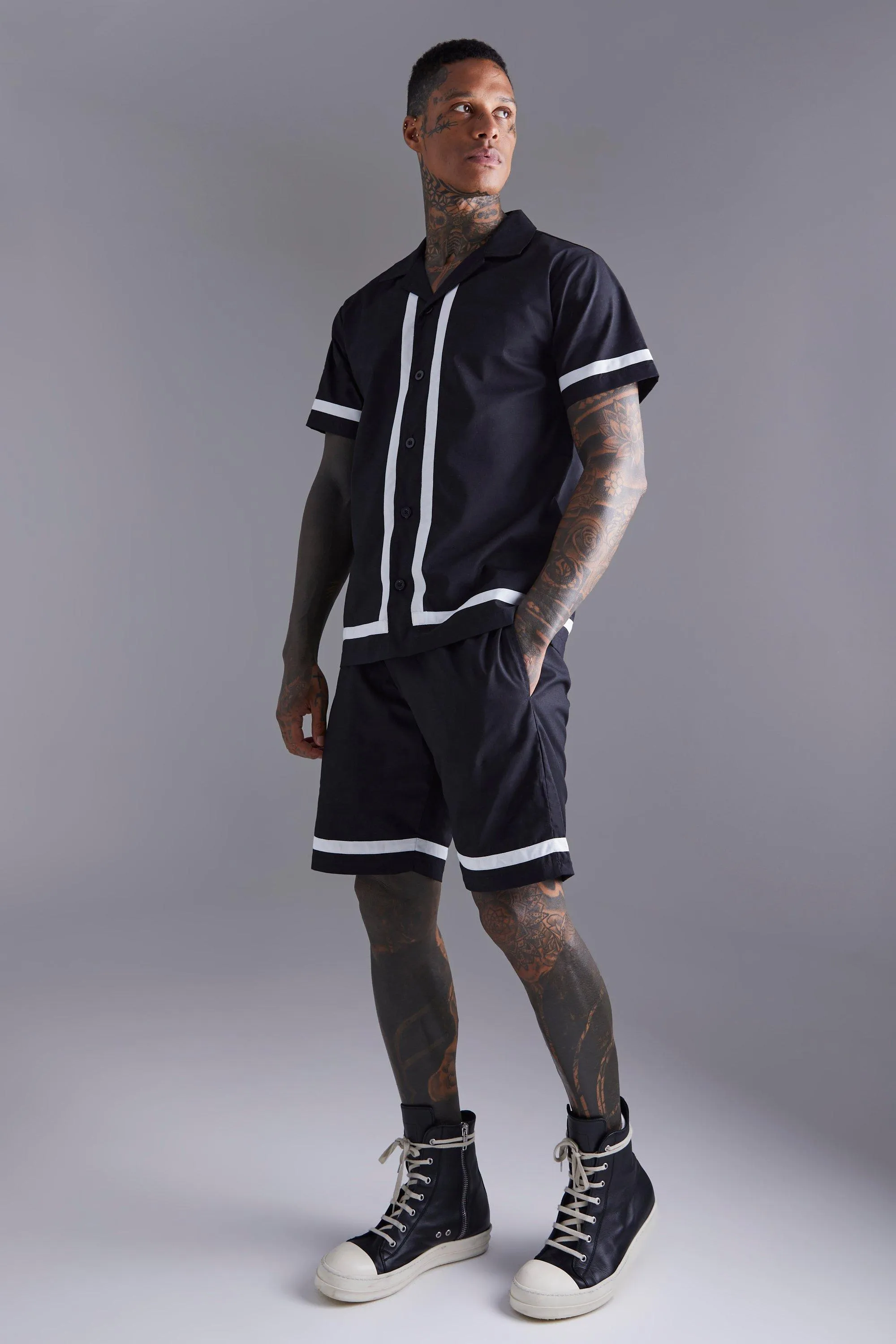 Short Sleeve Revere Border Shirt & Short Set | boohooMAN UK