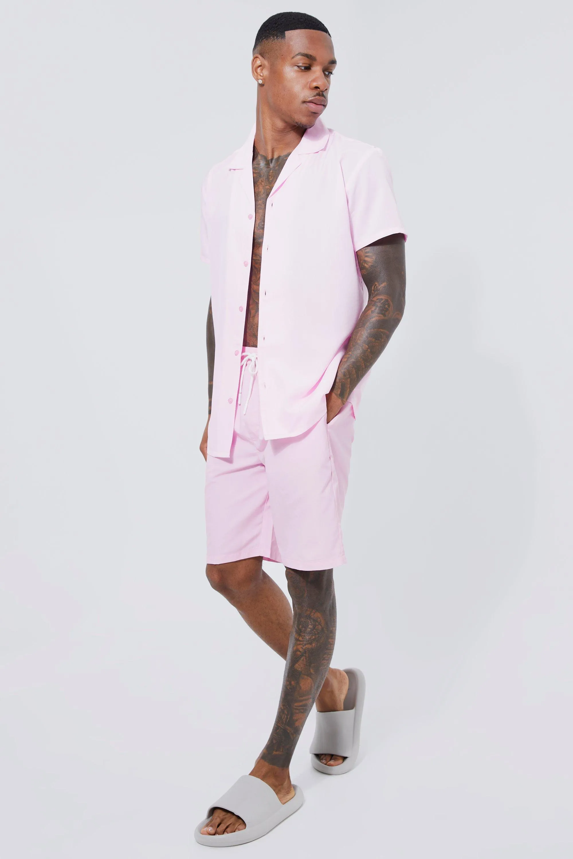 Short Sleeve Revere Plain Shirt & Short Swim Set | boohooMAN UK